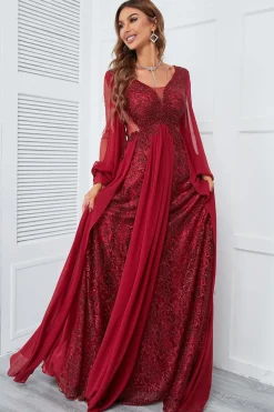 Burgundy Beaded Long Prom Dress with Lace
