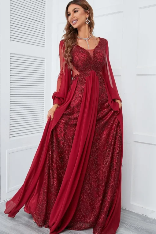 Burgundy Beaded Long Prom Dress with Lace