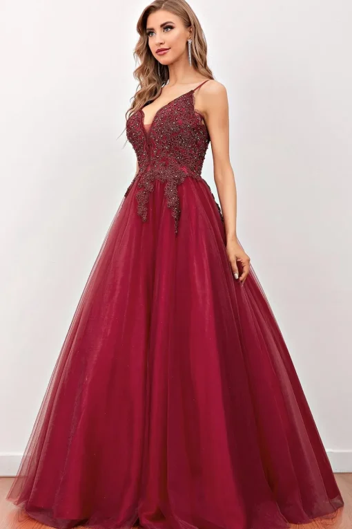 Burgundy Beaded Long Prom Dress