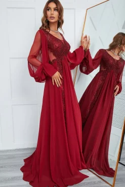 Burgundy Beaded Long Prom Dress with Lace