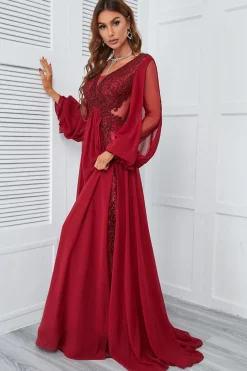 Burgundy Beaded Long Prom Dress with Lace