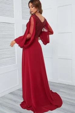 Burgundy Beaded Long Prom Dress with Lace