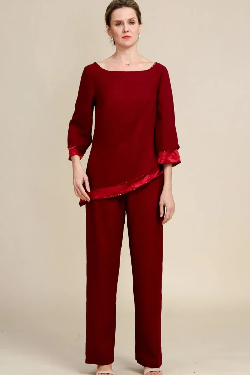 Burgundy Long Sleeves 2 Piece Mother of the Bride Pant Suits