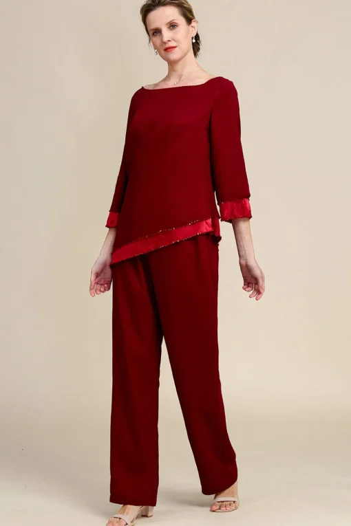 Burgundy Long Sleeves 2 Piece Mother of the Bride Pant Suits