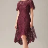 Burgundy Sheath Lace Short Sleeves Hi-Low Mother of the Bride Dress