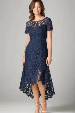 Burgundy Sheath Lace Short Sleeves Hi-Low Mother of the Bride Dress