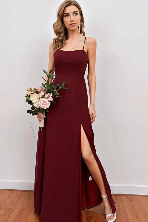 Burgundy Spaghetti Straps Long Bridesmaid Dress with Split
