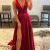 Burgundy V Neck Backless Long Prom Dress with Slit