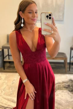 Burgundy V Neck Backless Long Prom Dress with Slit