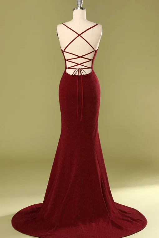 Burgundy V-neck Mermaid Prom Dress with Lace-up Back