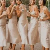 Champagne Cowl Neck Tea-Length Satin Bridesmaid Dress with Sleeveless