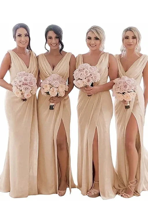 Champagne Sleeveless Chiffon Bridesmaid Dresses With Pleated Split