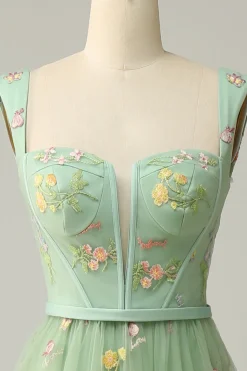 Champagne Tulle A Line Prom Dress with Embroidered