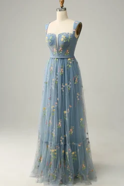 Champagne Tulle A Line Prom Dress with Embroidered