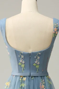 Champagne Tulle A Line Prom Dress with Embroidered