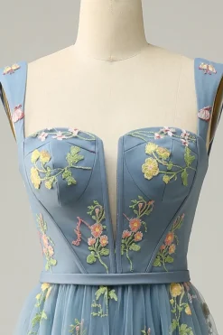 Champagne Tulle A Line Prom Dress with Embroidered