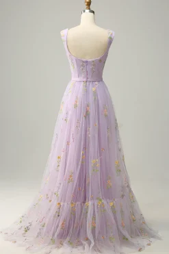 Champagne Tulle A Line Prom Dress with Embroidered