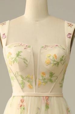 Champagne Tulle A Line Prom Dress with Embroidered