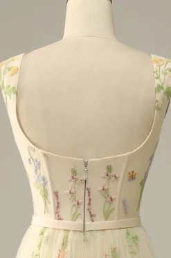 Champagne Tulle A Line Prom Dress with Embroidered