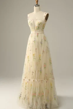 Champagne Tulle A Line Prom Dress with Embroidered