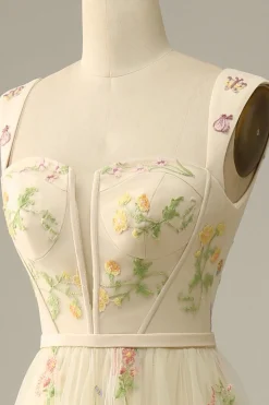 Champagne Tulle A Line Prom Dress with Embroidered