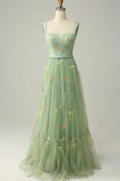 Champagne Tulle A Line Prom Dress with Embroidered