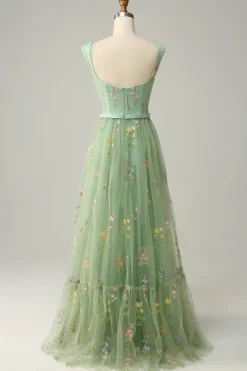 Champagne Tulle A Line Prom Dress with Embroidered