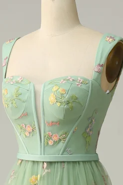 Champagne Tulle A Line Prom Dress with Embroidered