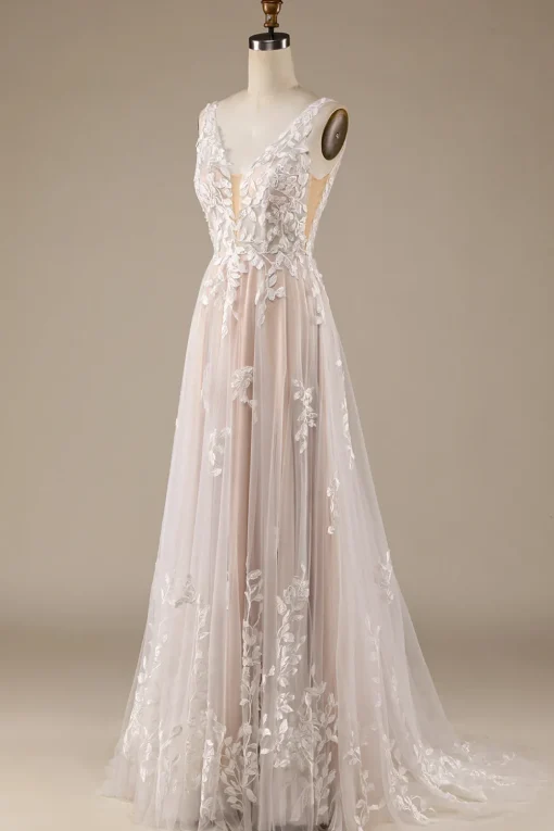 Champagne V-Neck Backless Tulle Wedding Dress with Lace