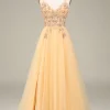 Charming A Line Spaghetti Straps Golden Long Prom Dress with Beading