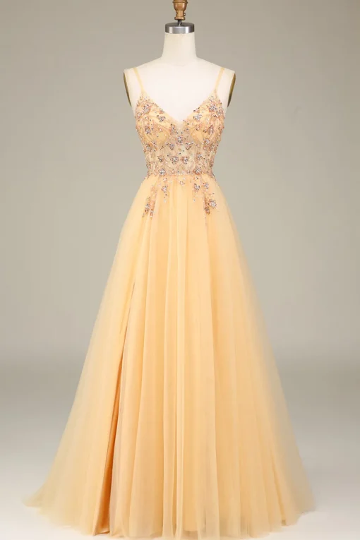 Charming A Line Spaghetti Straps Golden Long Prom Dress with Beading