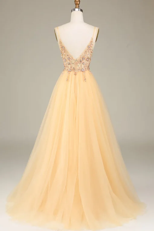Charming A Line Spaghetti Straps Golden Long Prom Dress with Beading