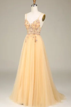 Charming A Line Spaghetti Straps Golden Long Prom Dress with Beading