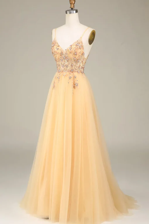 Charming A Line Spaghetti Straps Golden Long Prom Dress with Beading