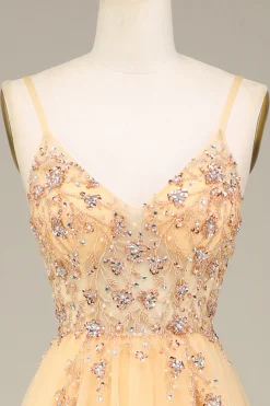 Charming A Line Spaghetti Straps Golden Long Prom Dress with Beading