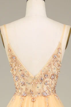 Charming A Line Spaghetti Straps Golden Long Prom Dress with Beading