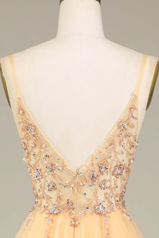 Charming A Line Spaghetti Straps Golden Long Prom Dress with Beading