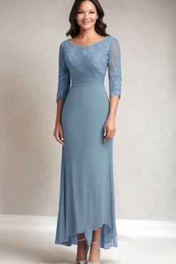 Chiffon Round Neck Lace Dusty Blue Mother of The Bride Dress with Half Sleeves
