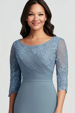 Chiffon Round Neck Lace Dusty Blue Mother of The Bride Dress with Half Sleeves