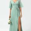 Chiffon V-neck Mint Bridesmaid Dress with Slit