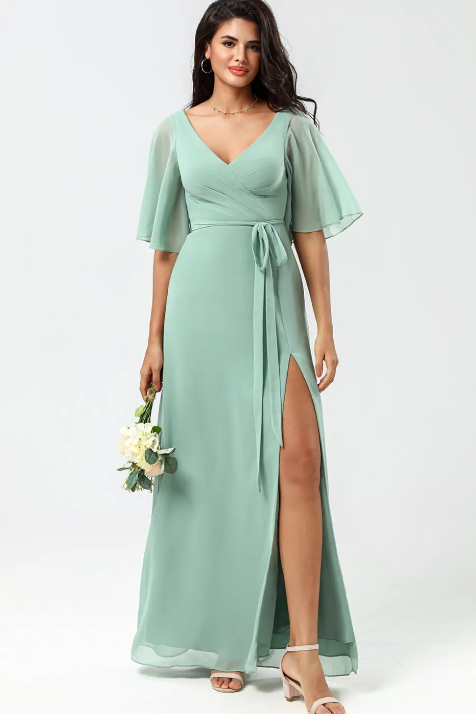Chiffon V-neck Mint Bridesmaid Dress with Slit