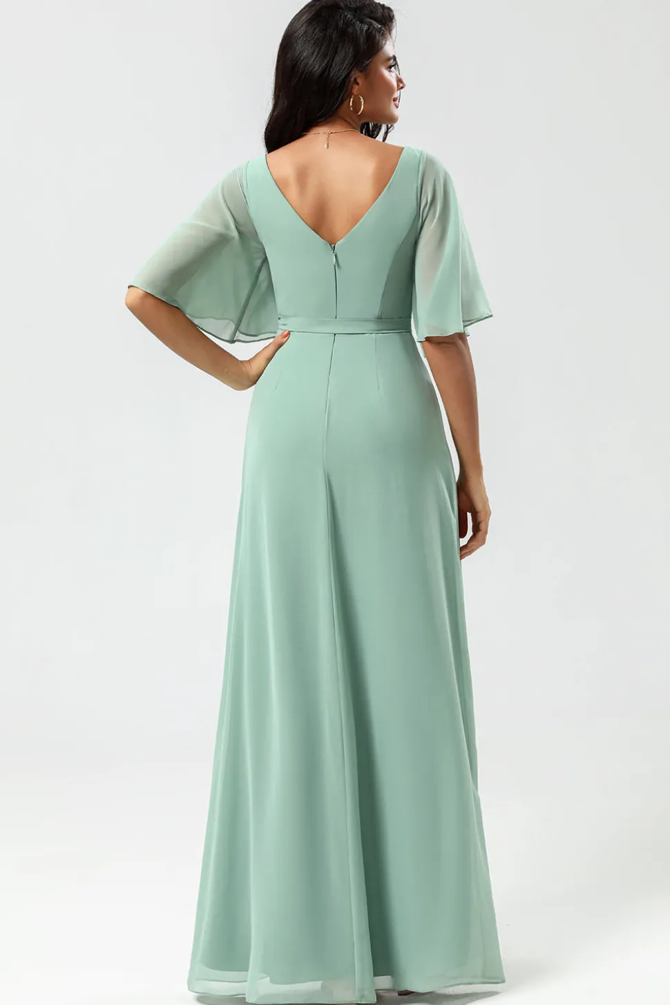 Chiffon V-neck Mint Bridesmaid Dress with Slit