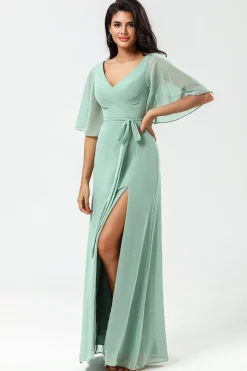 Chiffon V-neck Mint Bridesmaid Dress with Slit