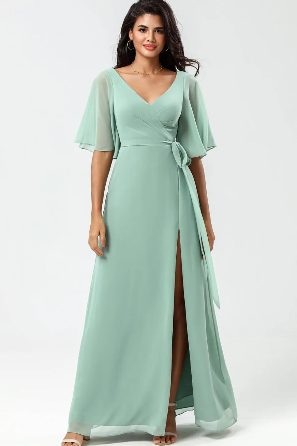 Chiffon V-neck Mint Bridesmaid Dress with Slit