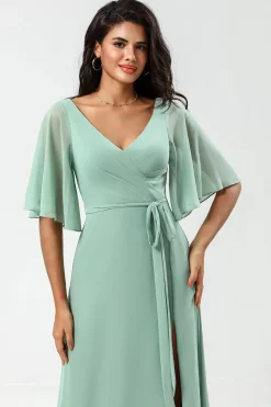 Chiffon V-neck Mint Bridesmaid Dress with Slit