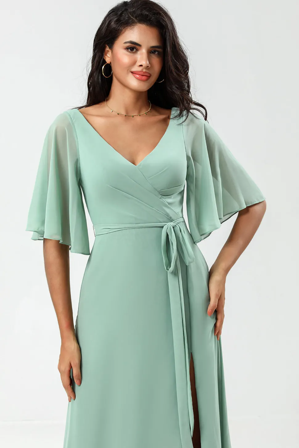 Chiffon V-neck Mint Bridesmaid Dress with Slit