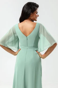 Chiffon V-neck Mint Bridesmaid Dress with Slit