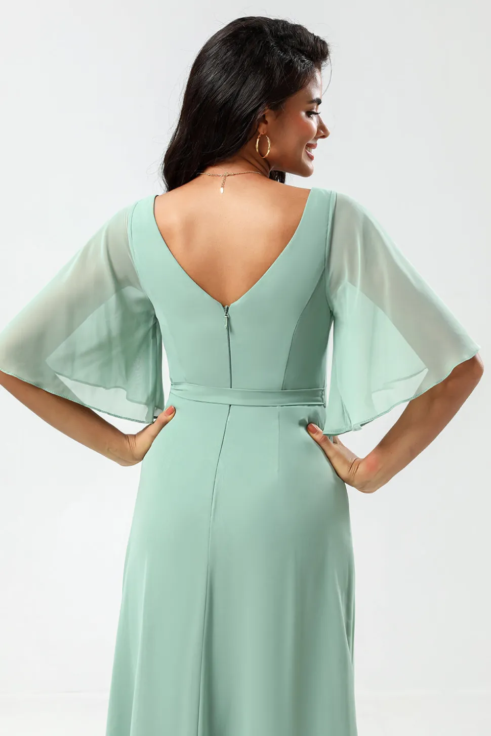 Chiffon V-neck Mint Bridesmaid Dress with Slit