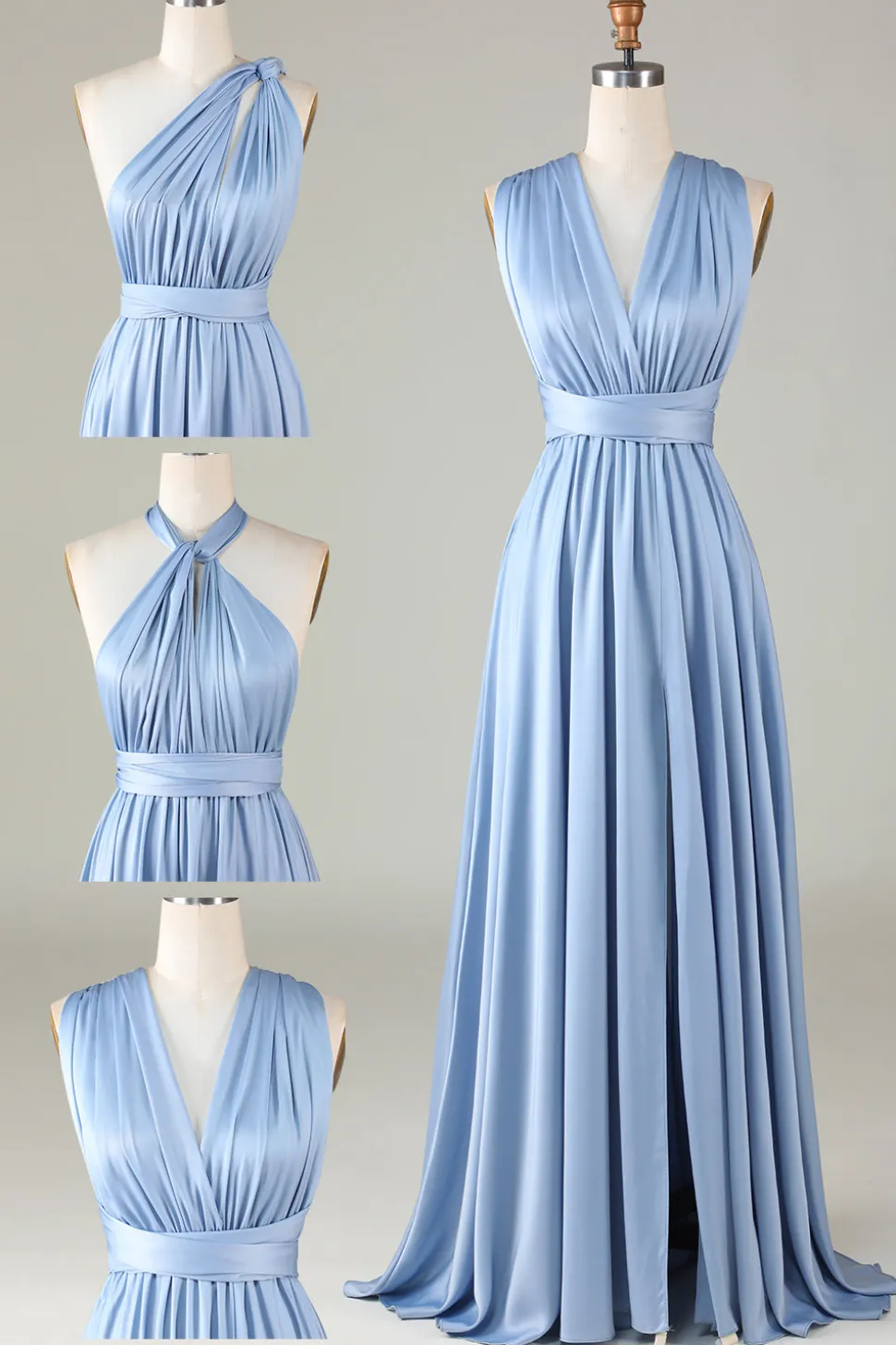 Convertible Blue Satin Bridesmaid Dress with Slit