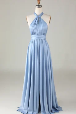 Convertible Blue Satin Bridesmaid Dress with Slit
